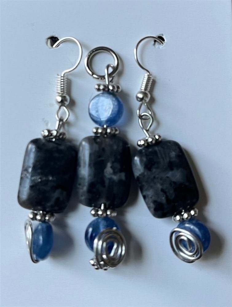 Blue Kyanite & Larvikite Pendant & Earrings set, handmade by Wilhelmina St&ouml;cker