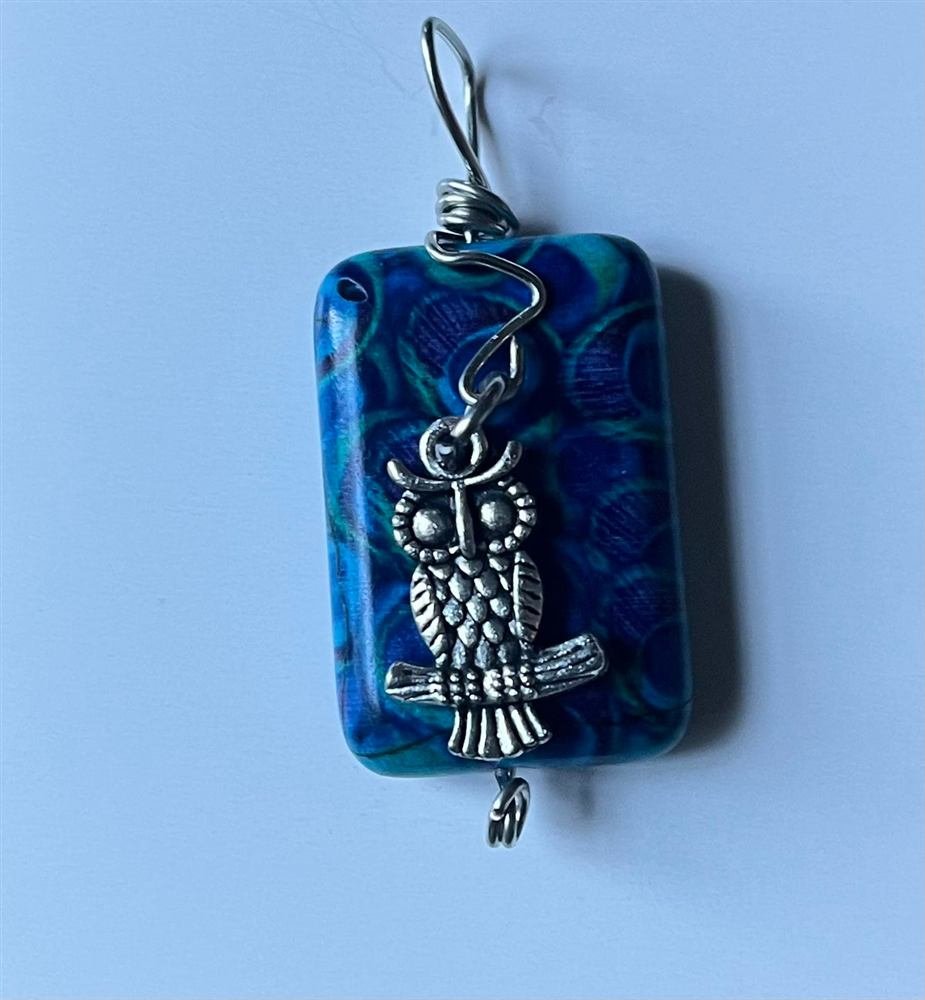 Blue Peacock Bead Pendant with owl, handmade by Wilhelmina St&ouml;cker