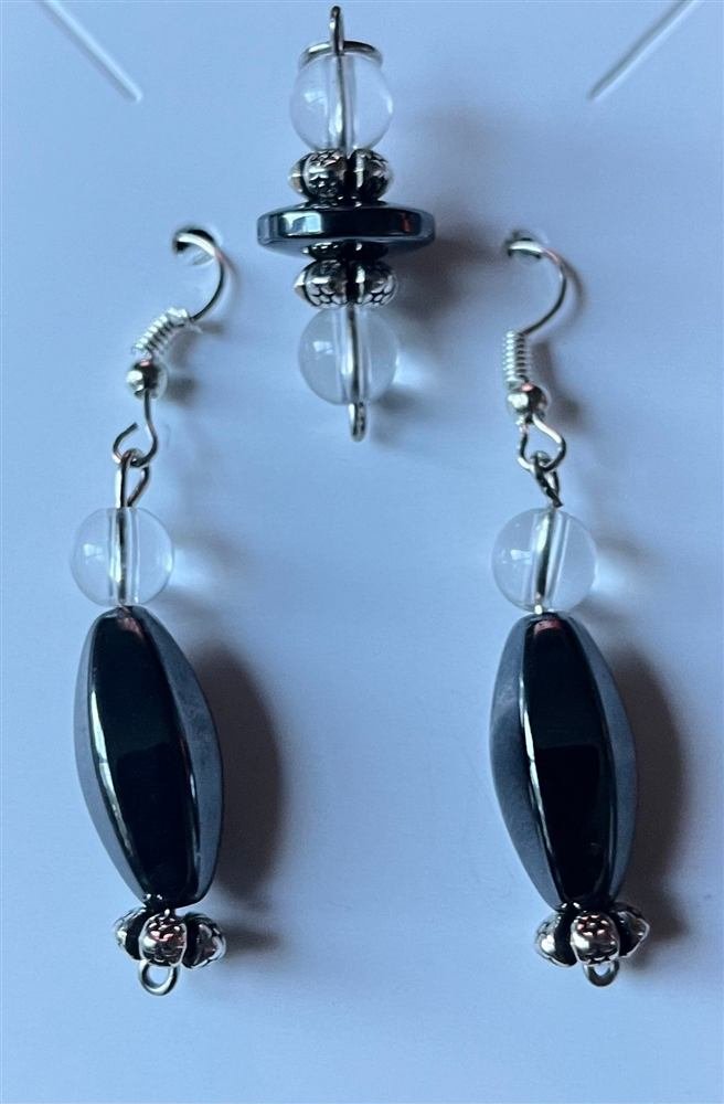 Hematite & quartz Pendant & Earrings set, handmade by Wilhelmina St&ouml;cker