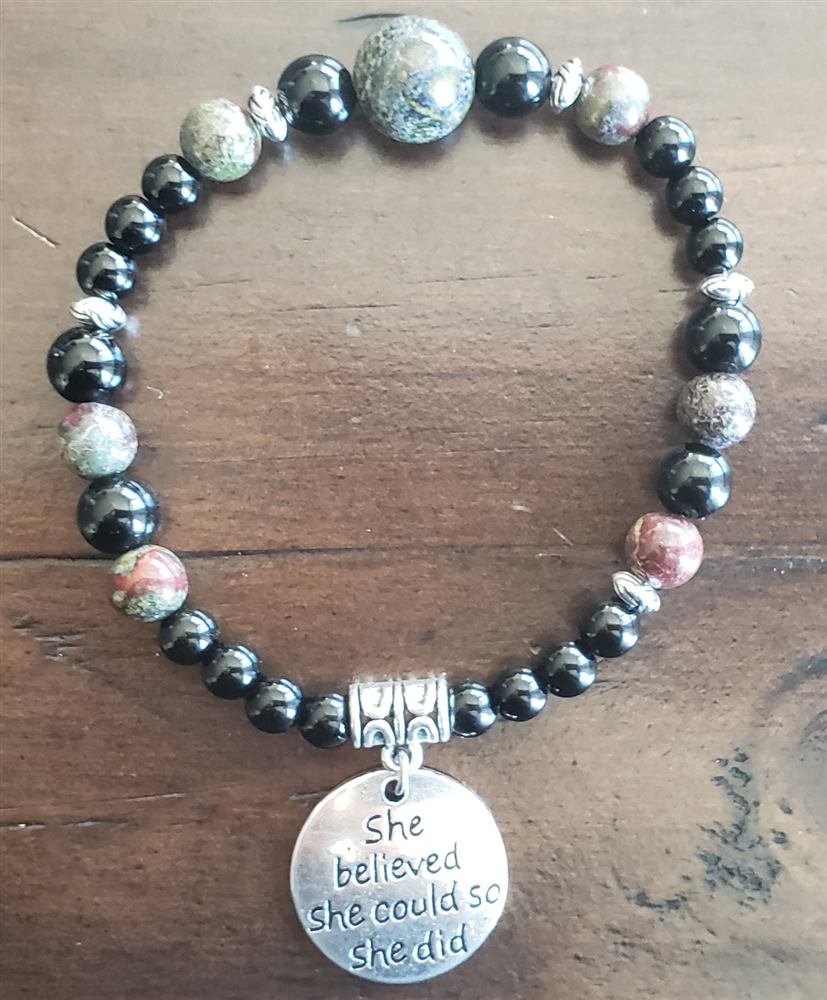 She Believed She Could So She Did, Dragon blood stone/black Obsidian Bracelet, handmade by Wilhelmina St&ouml;cker