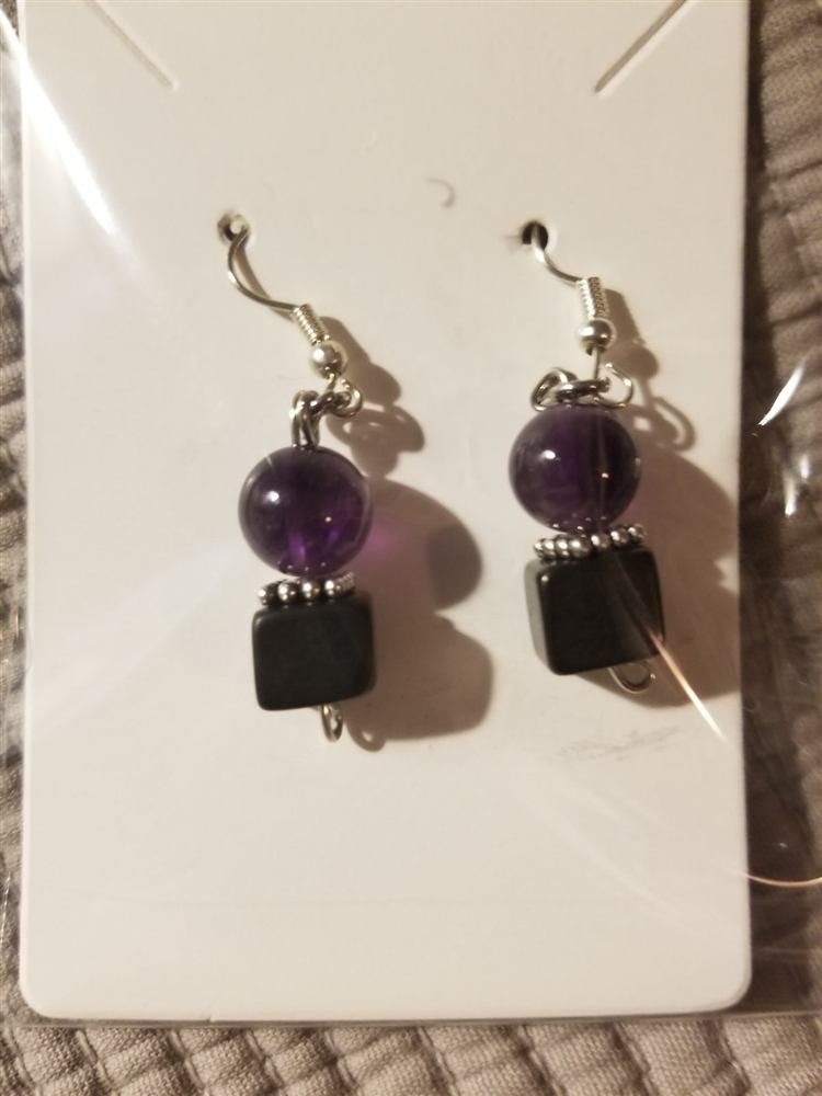 Shungite & Amethyst bead Earrings, handmade by Wilhelmina St&ouml;cker