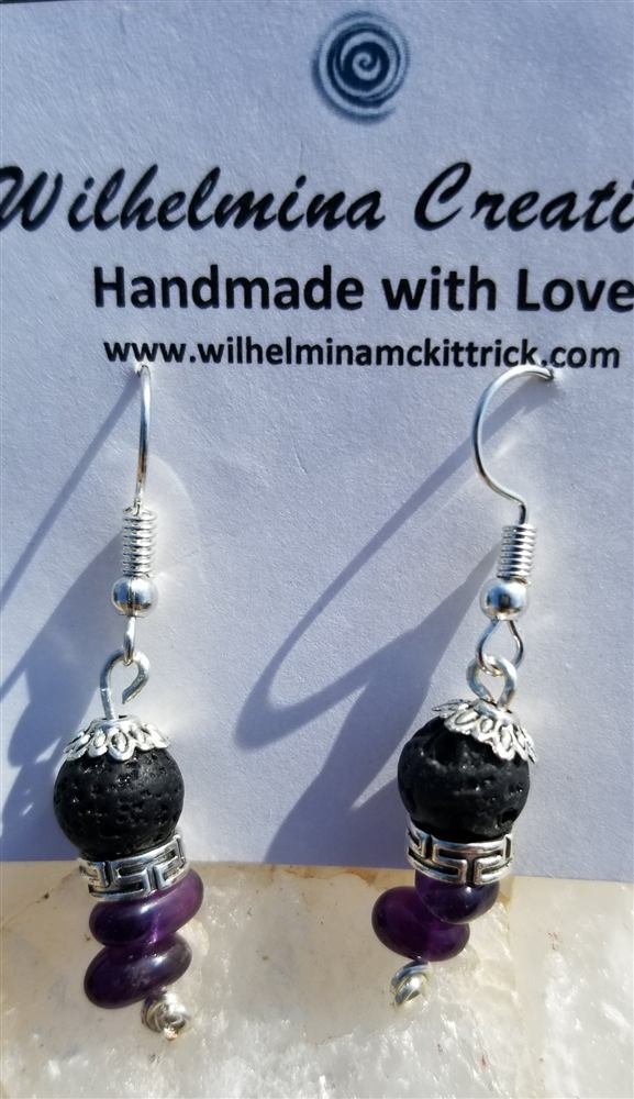 Amethyst, black lava stone Earrings, handmade by Wilhelmina St&ouml;cker